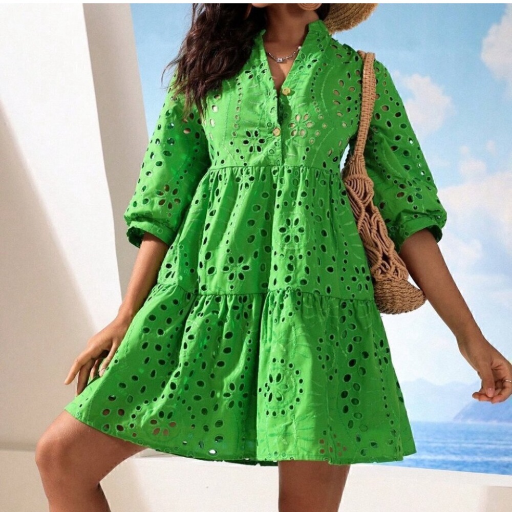 💚 Green Boho Women's Solid Notch Neck Ruffle Hem Schiffy Dress